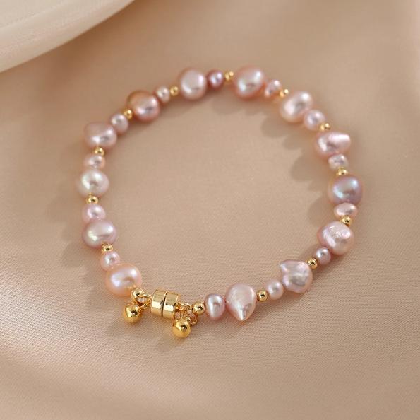 My Fine Jewelry Women's Pink/Gold High Quality Natural Baroque Freshwater Pearl 14K Filled Magnet Buckle Lady Short Beads Chain Bracelet No Fade Gifts