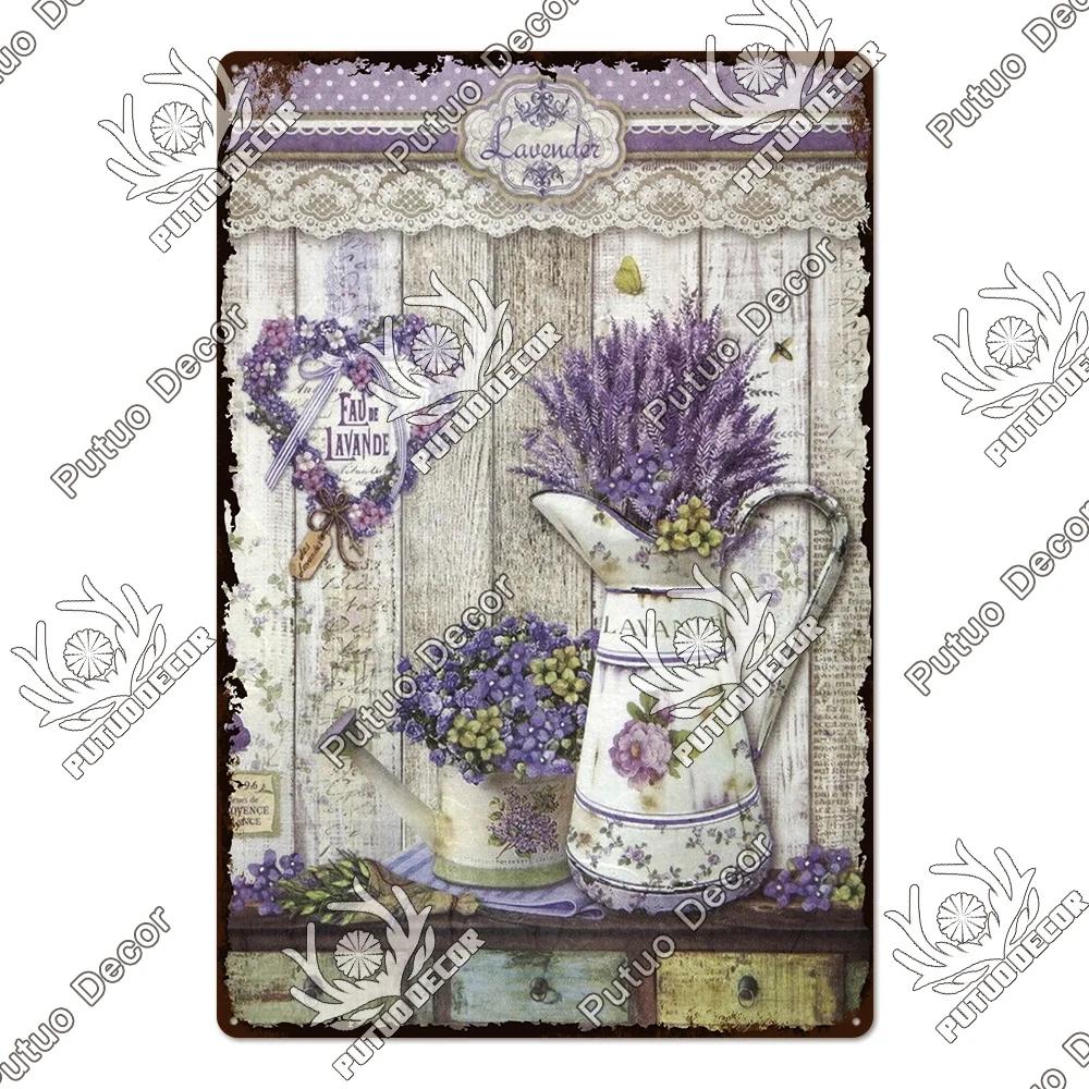 Putuo Decor Lavendel Metallskyltar Plåtposter Metall Vintage Solros Skyltar Retro Blomma Plåtskylt Tusensköna Väggdekor för Hem Trädgård