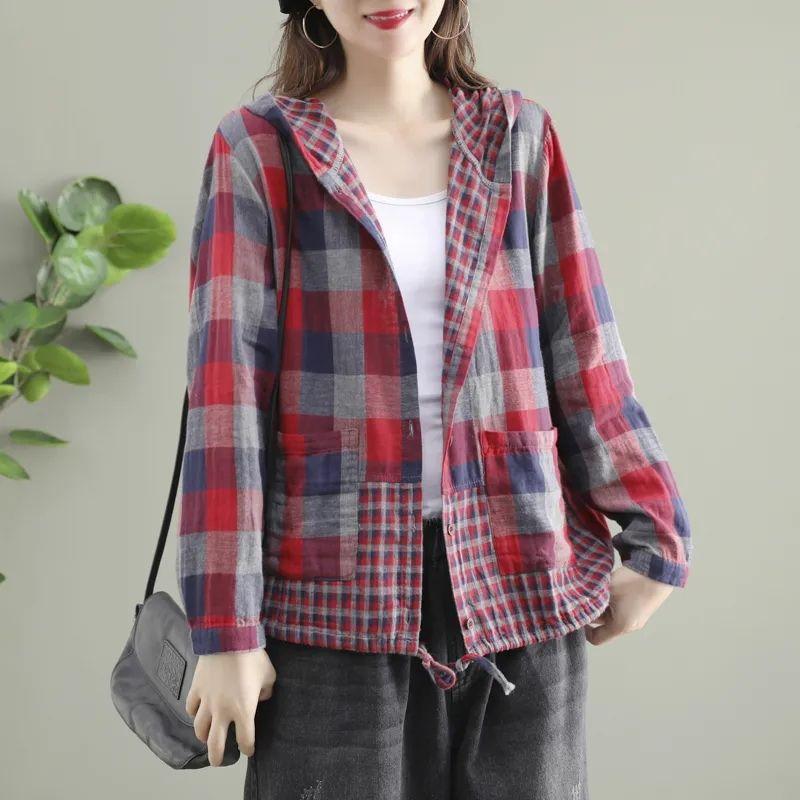 Artistic Retro Checkered Long Sleeved Shirt for Women Spring Autumn Drawstring Tied Casual Short Cardigan Jacket