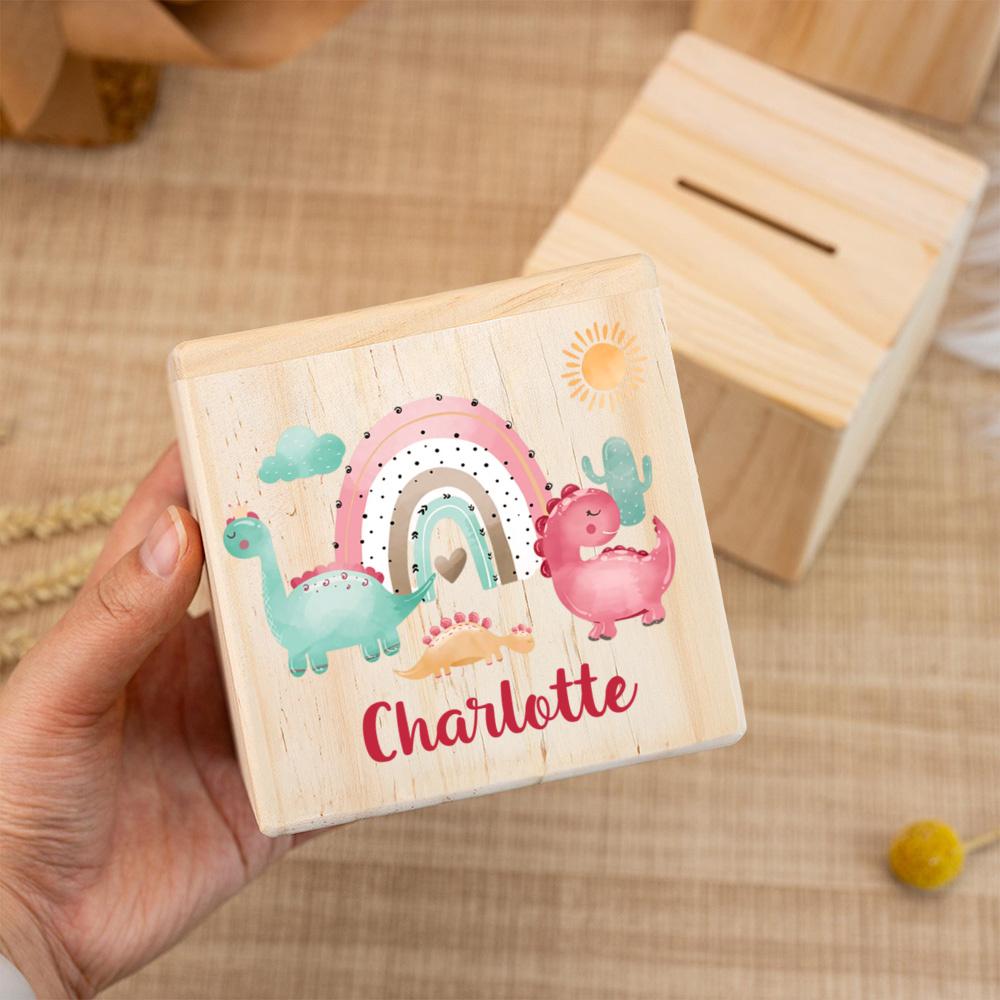 Customized name wooden cartoon dinosaur pattern printed money box, coin collection box, decorative piggy bank, birthday gift.