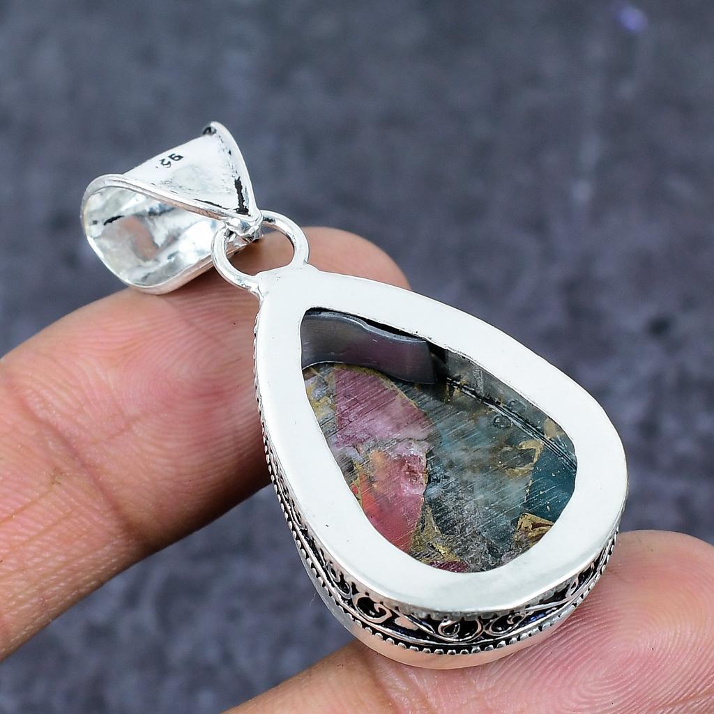 Natural Watermelon Tourmaline 925 Sterling Silver Jewelry Pendant 2.05" ET-4786