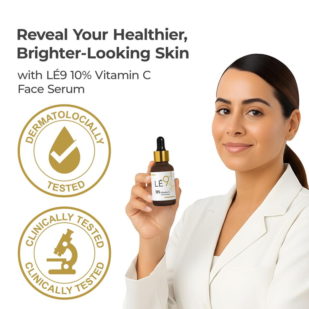 LÉ9 Hautaufhellendes 10% Vitamin C Gesichtsserum mit 99,9% Reinheit für fahle Haut & dunkle Flecken, Glow Booster, Alle Hauttypen, 30 ml