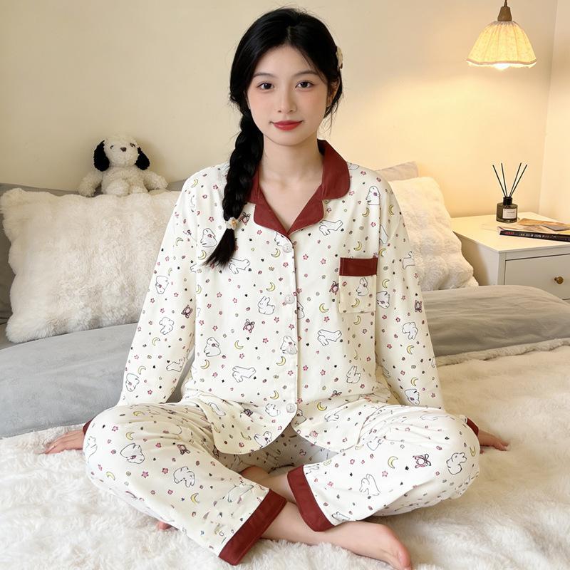 Japanese cute cartoon pajamas women's spring and autumn imitation cotton long-sleeved soft girl casual loungewear suit can be worn outside