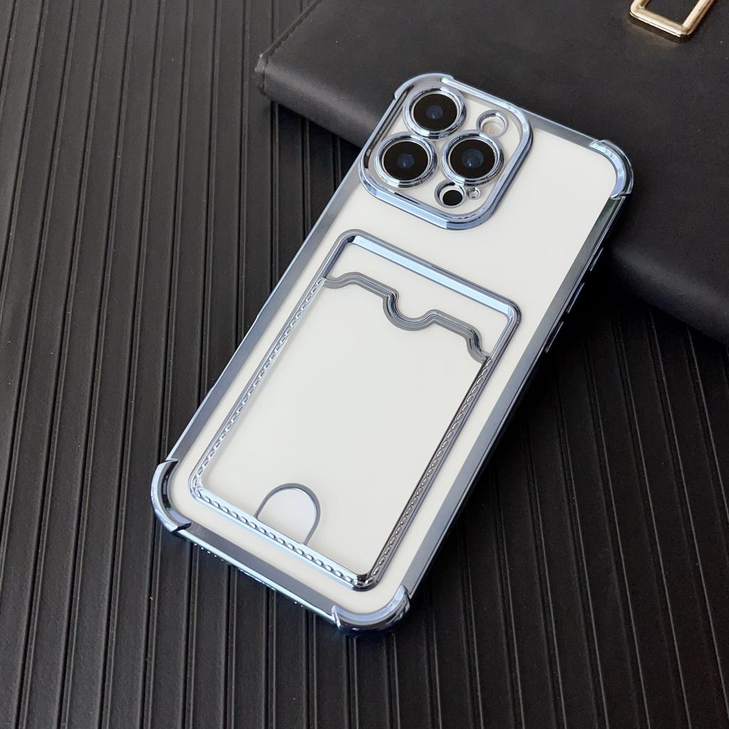 Soft Plating Card Holder Bag Case For iPhone 16 15 14 13 12 mini 11 Pro X XR Xs Max 7 8 Plus 16e Shockproof Transparent Cover
