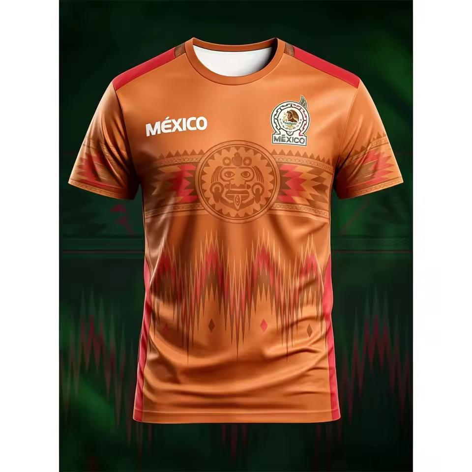 Men Mexico National Soccer Jersey Aztec Tribal Pattern 3D Print Short Sleeve Football Shirt Breathable Sport Fan Training Tops