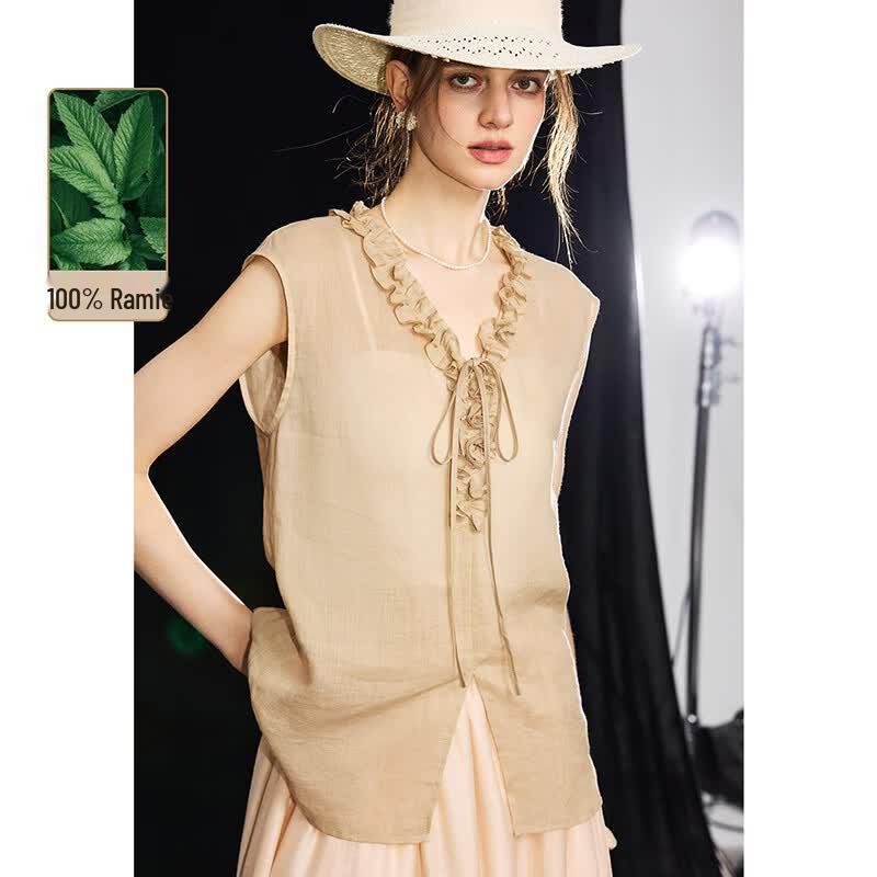 Women s 100% Ramie French Ruffle V-Neck Sleeveless Top L