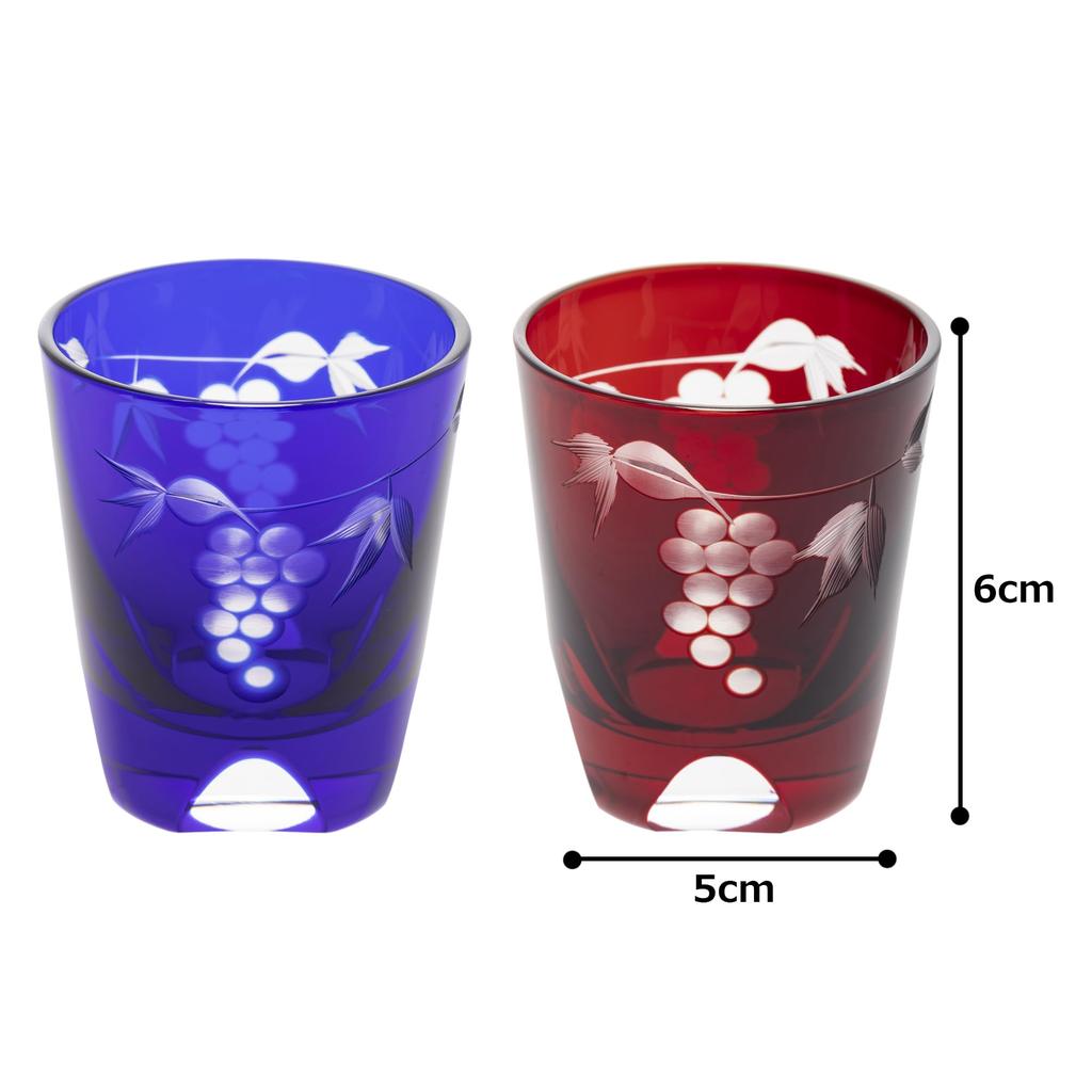 [Authentic Product] Tajima Glass "Edo Kiriko" Sake Cups (Ochoko) Pair Set, Approx. 5cm Diameter x 6cm Height, Approx. 50ml Capacity, Grape Pattern, Co