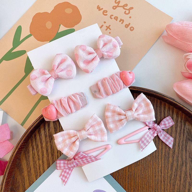 8PC Cute Pink Color Clips Plaid Bowknot Hair Drop Clips Lace Hairpins Flower Hairpins BB Barrettes