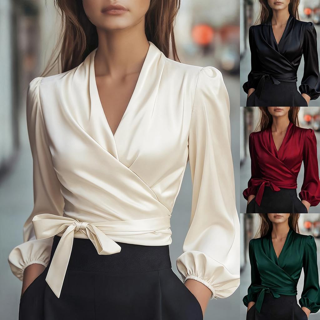 Frühling Herbst V-Ausschnitt Elegante Satin-Krawatten-Taille Bluse - Stilvoll für Büro und Pendeln 100% Polyester Damenhemd