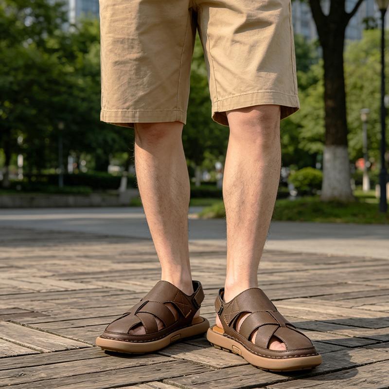 Sandales pour Hommes Respirantes Cuir Creux Bout Fermé Anti-Odeur Nouvelles Semelles Souples Antidérapantes Résistantes à l'Usure Chaussures d'Extérieur pour Plage pour Adolescent
