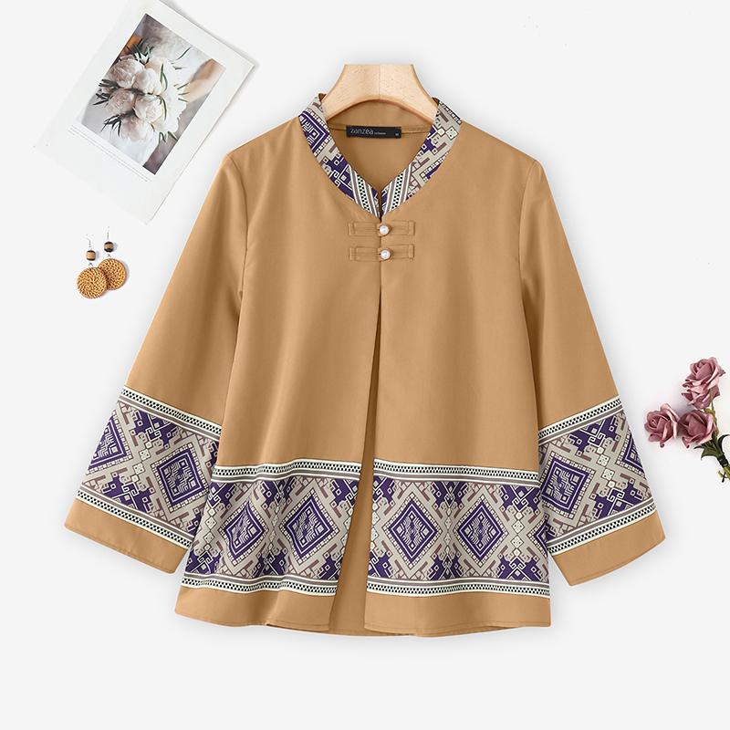 ZANZEA Women Ethnic Print Casual Round Neck Loose Long Sleeve Cardigan Blouse