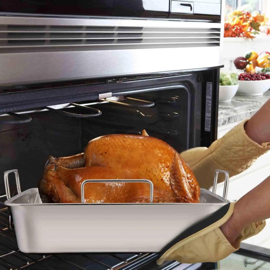 Roasting Pan 40x30x10CM Stainless Steel Turkey Roaster Pan with Baking V-Shaped Baking Rack for Roast Chicken Vegetable Baking