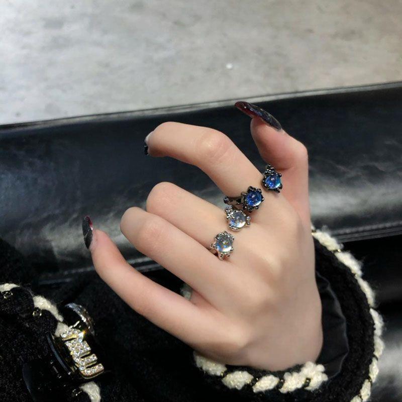 Moonstone~ Gun Black Silver White Ring Ins Temperament Couple Ring Tide Fashion Open Ring