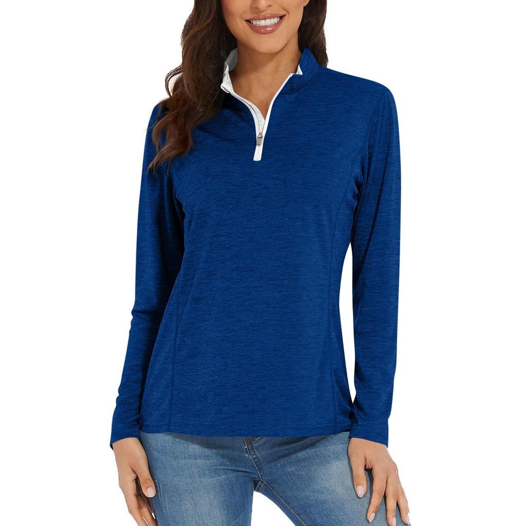 Women's Casual Fashion Solid Color Long Sleeve Zipper Neck Top T-shirt