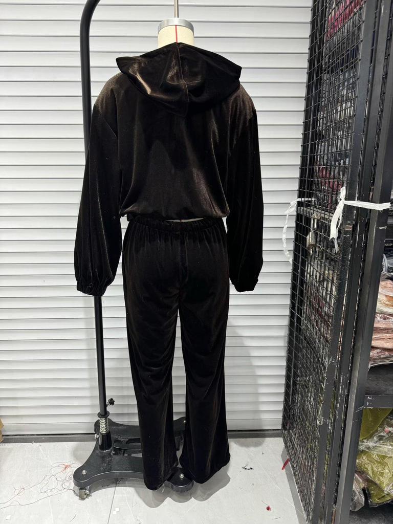European & American Style Hooded Velvet Coat and Wide-Leg Pants - Autumn Collection