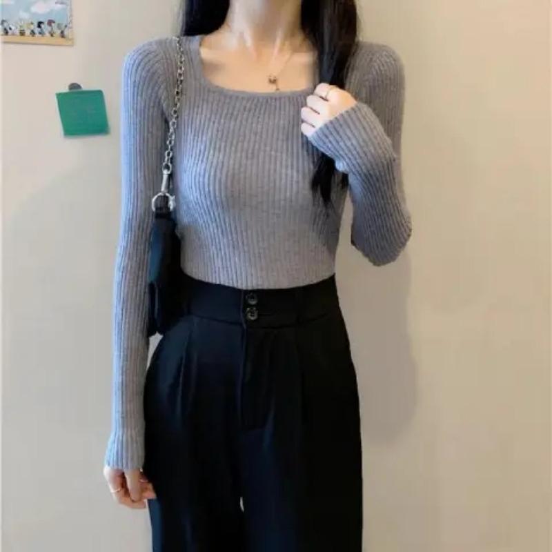 Square-neck Sweater Women's Pullover Autumn and Winter New Korean-style Slim-fit Top Knitted Tight Base Layer