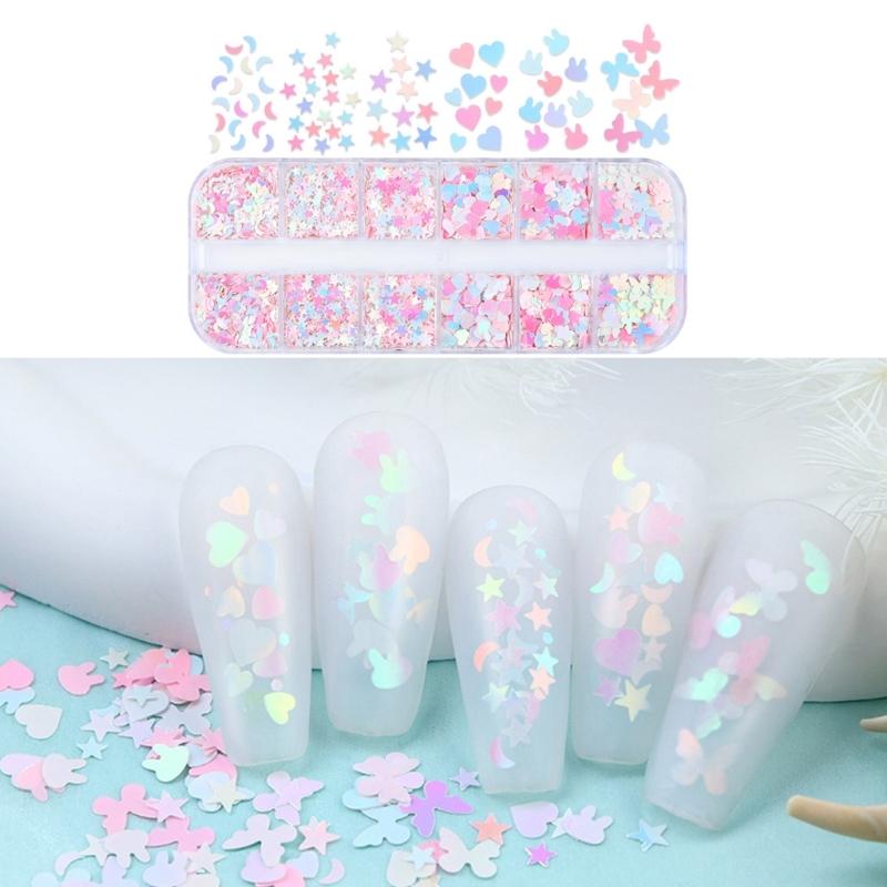 Nail Embellishments Nail Sequins Colorful Nail Glitter Paillette Mixed Size Nail Art Stickers for Nail Decors 12-Grid