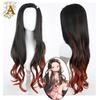 Perruque Cosplay Anime Nezuko Cheveux Longs Bouclés Couleur Dégradé Noir Rouge Foncé 30 pouces Filet Bouton Fibre Chimique Filament Perruque Entière
