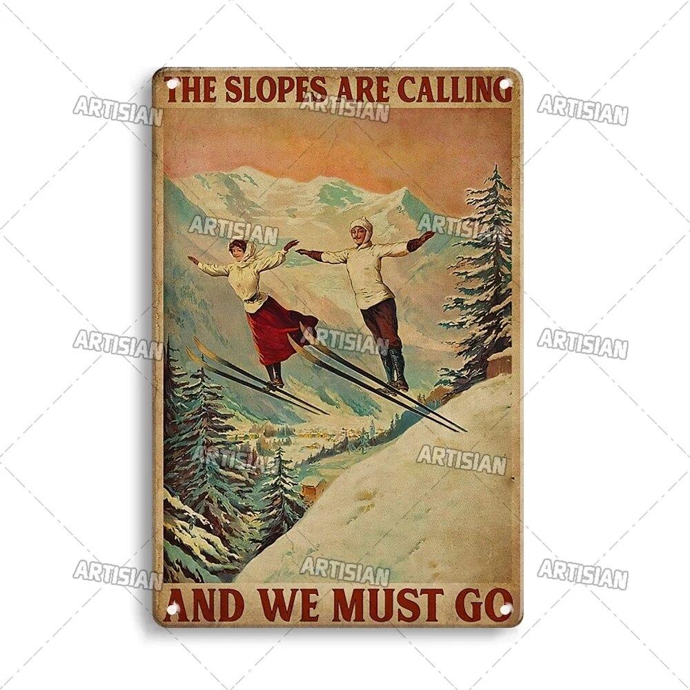 Artisian Skiing Metal Poster Snowboarding Tin Sign Sledding Sport Decorative Plaque Wall Decor Garage Bar Pub Club Hotel Cafe