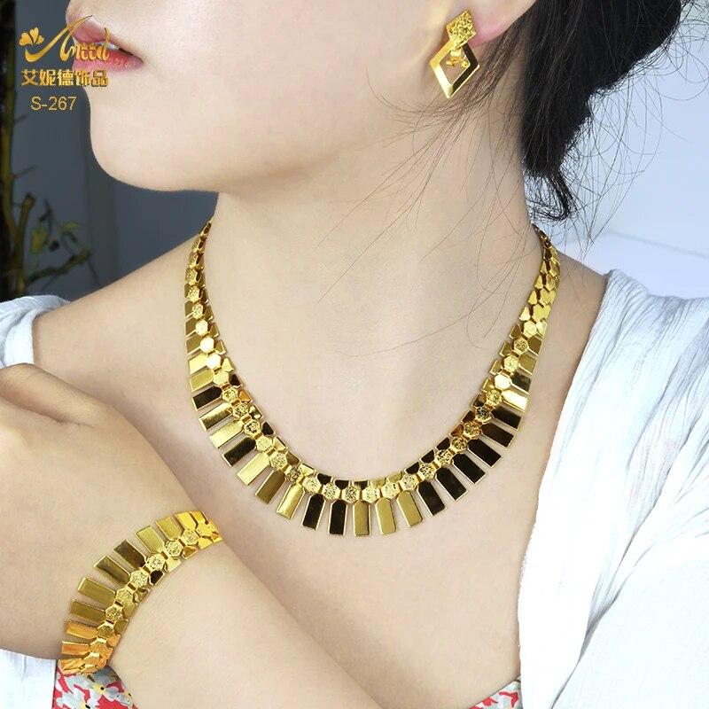 

ANIID 2 шт./лот Роскошный комплект ювелирных изделий золотого цвета в Дубае для женщин 24 К африканское ожерелье и серьги индийские свадебные украшения