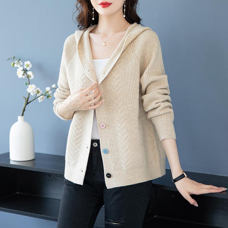 Hooded Korean Versatile Knitted Cardigan Women's Short Casual Autumn Winter Solid Color Mom Outfit Sweater Jacket