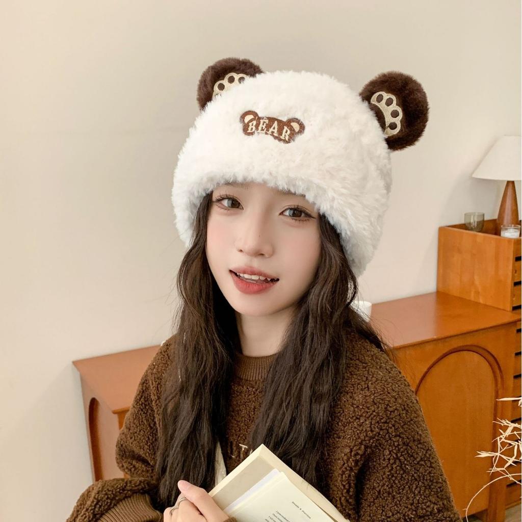 Cute Little Bear Women's Plush Hat In Autumn and Winter Plush New Korean Knitted Hat Versatile Warmth and Thick Ears