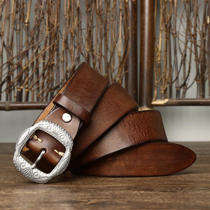 Retro Personality Trend Stainless Steel Belt Men'S Leather Pin Buckle First Layer Cowhide Denim Versatile Casual Pants Belt Men