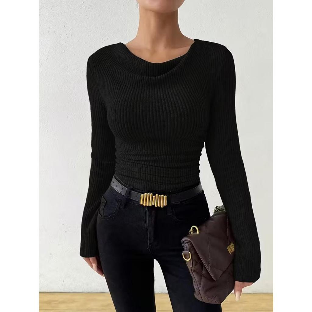 Suéter de Color Sólido para Mujer Otoño Invierno de Punto de Manga Larga Top Casual