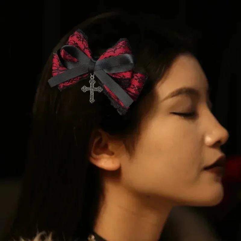 1/2pcs Dark Sweet Cool Lace Cross Bow Hair Clips for Women Fashionable and Personalized Gothic Lolita Hair Accessories