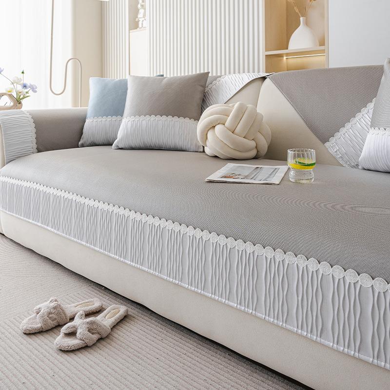 New Summer Cool Cover Fixed Non-Slip Straight Row Seat Cushion Cloth Solid Color Simple Modern Ice Silk Sofa Cushion