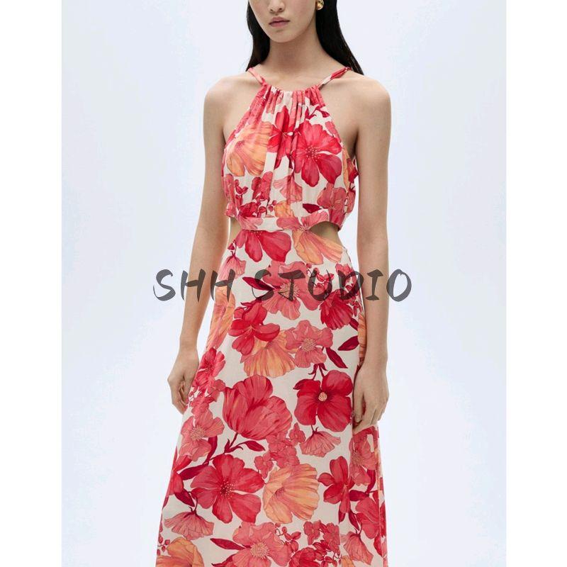 Summer New Arrival Women's Clothing French Vacation Style Open Back Hanging Collar Cut Out Print Dress 87092531
