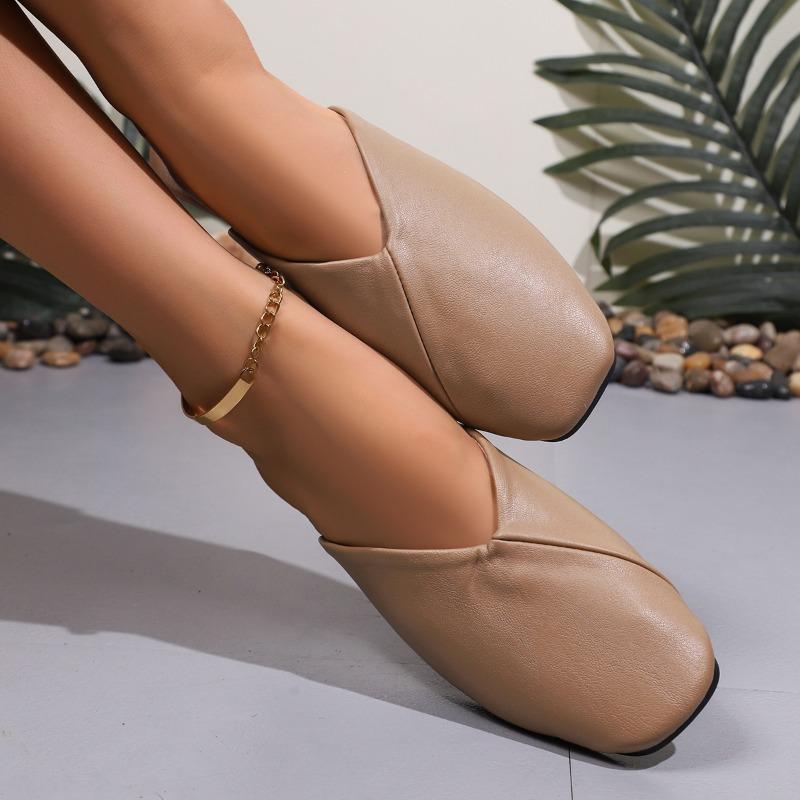 Fashion Plus Size Women's Shoes Autumn New Square Toe Shallow Mouth Splicing Soft Leather Soft Sole Wrapped Toe Anti-slip Slippers