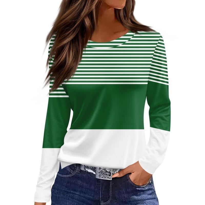 Spring And Autumn Long Sleeve Gradient Stripe Printed T-Shirts Women Basic Casual Tops Female Loose Round Neck Tees Harajuku Clothing