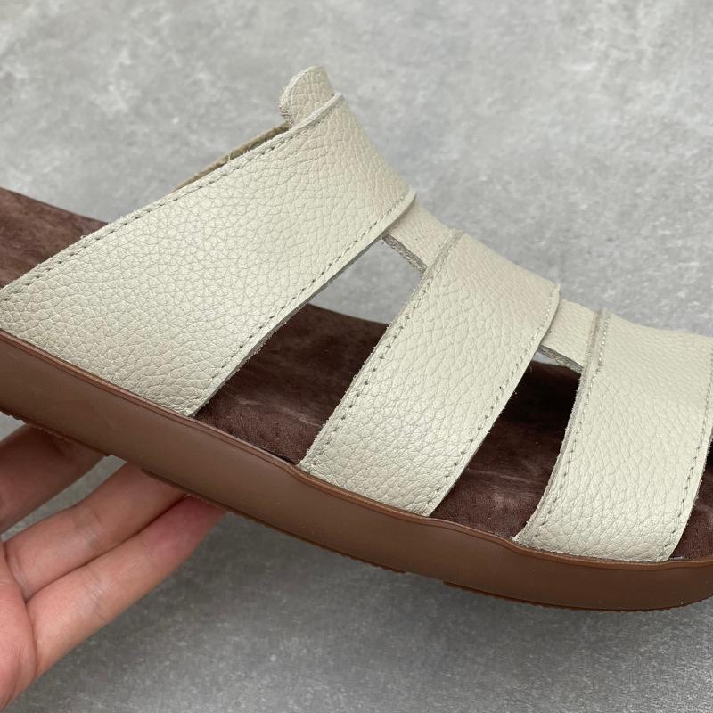 Johnature Genuine Leather Flat Slippers Weaving Hollow-out Breathable Casual Women's Slip-on Shoes
