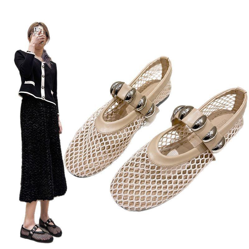 Mary Janes mit Metallschnalle, Netzstoff, Damen, 2025 Sommer, neu, europäisch und amerikanisch, modisch, flach und bequem, Ballett-Tanzschuhe