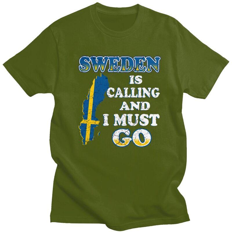 Mens Sweden Is Calling T Shirt Short Sleeve Cotton Tshirts Valentines Day Gift Casual Sweden Flag Tee Loose Fit Clothing