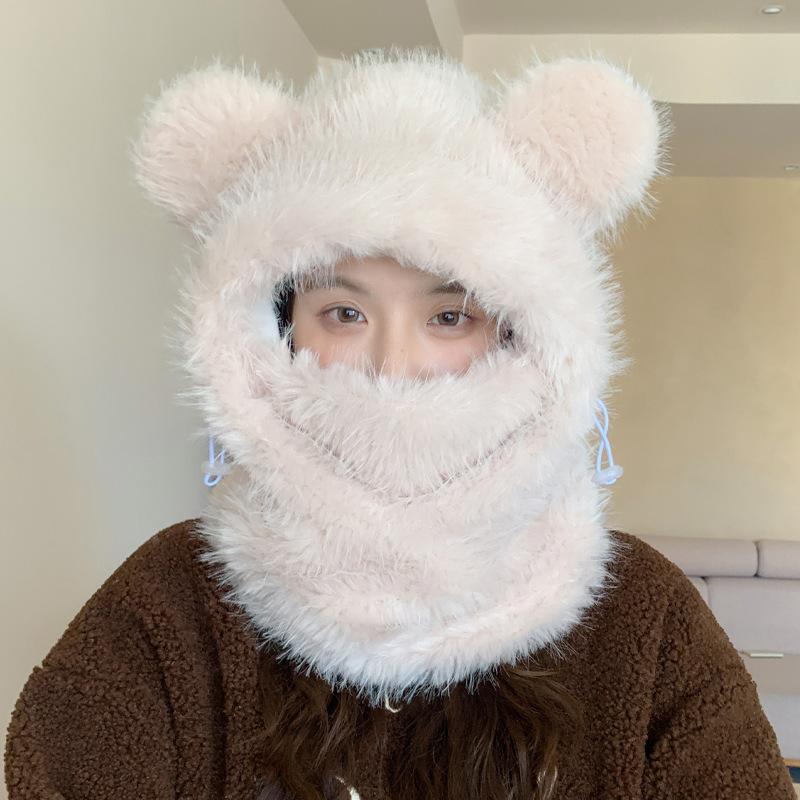 Hat Women's Winter Cute Bear Ears Can Be Used As A Scarf To Prevent Cold and Warm All In One Hat Casual Versatile Plush Toe Cap