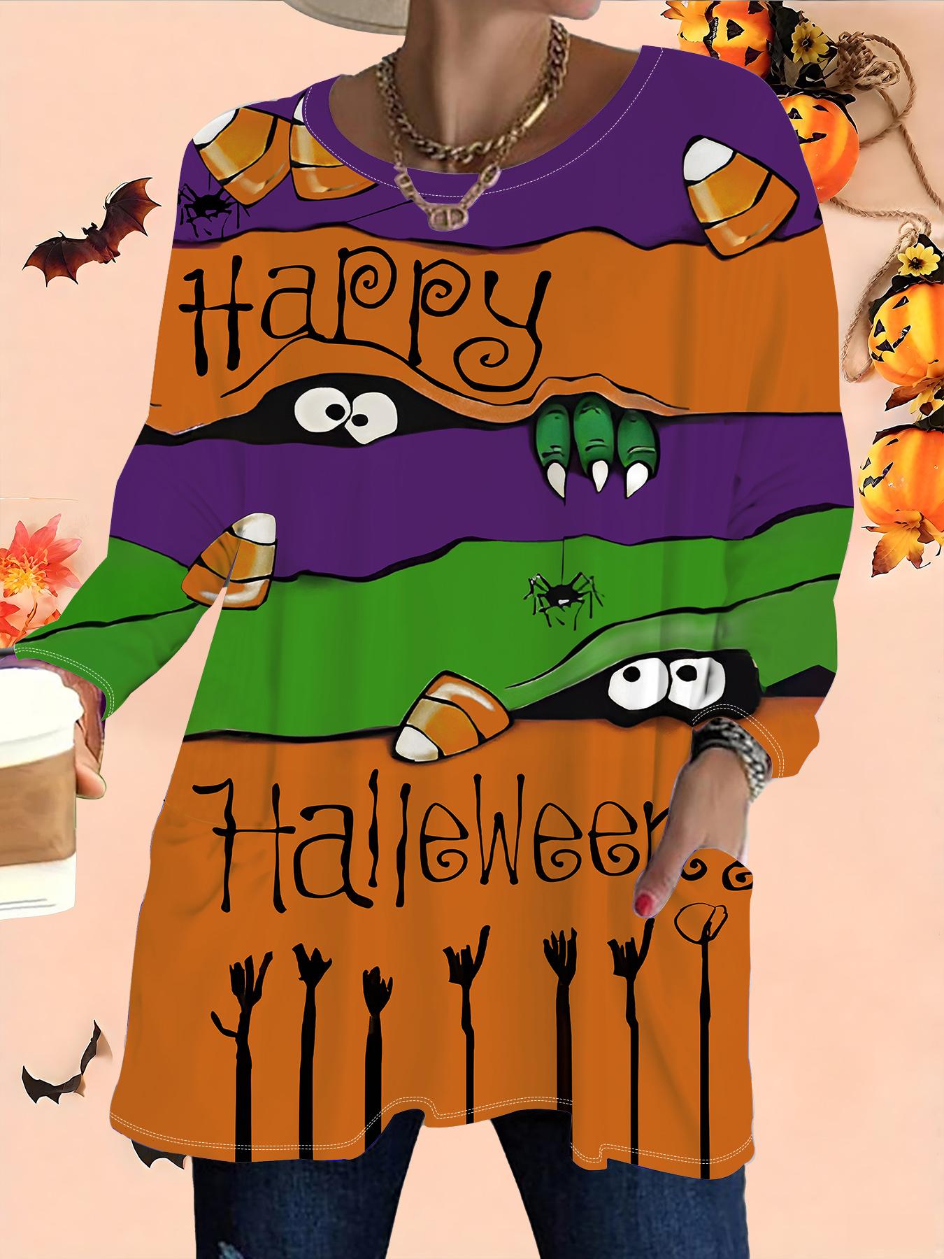 

2025 Осень Зима Новые Женские Топы Большого Размера, Модные Футболки с 3D-принтом на Хэллоуин с Круглым Вырезом и Длинным Рукавом 6XL фиолетовый