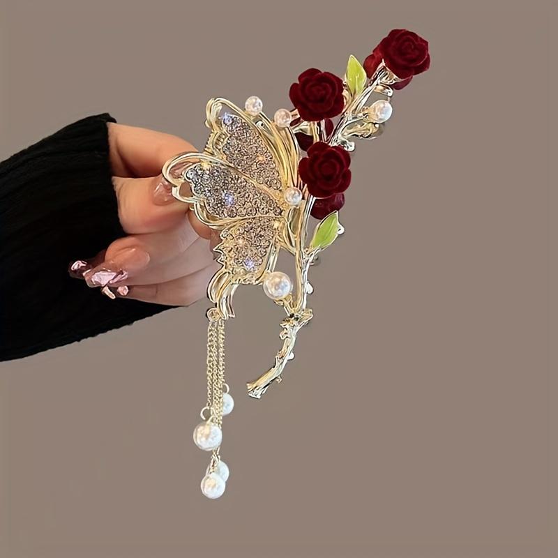 Delicate Long Faux Pearl Tassel Hair Claw, Butterfly Rhinestone Vintage Claw Clip, Women Girls Princess Style Hair Accessories