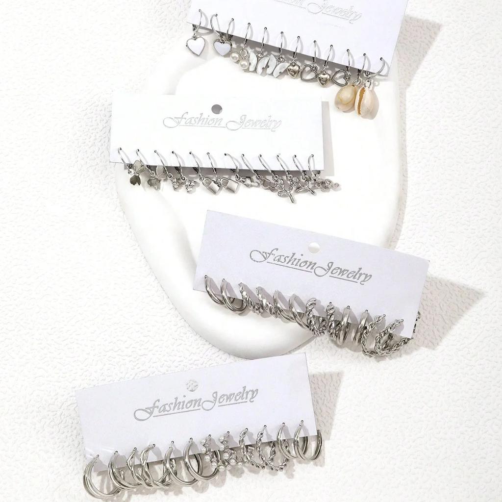 24pairs/set Fashionable Faux Pearl Decor Twist Design Hoop Earrings For Women For Daily Life Heart & Butterfly Drop Earrings