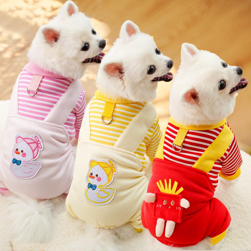 Pet Dog Dog Clothes Cat Autumn and Winter Velvet Dog Sweater Striped Medium-sized Dog Corgi Fighting Can Be Towed Cat Supplies