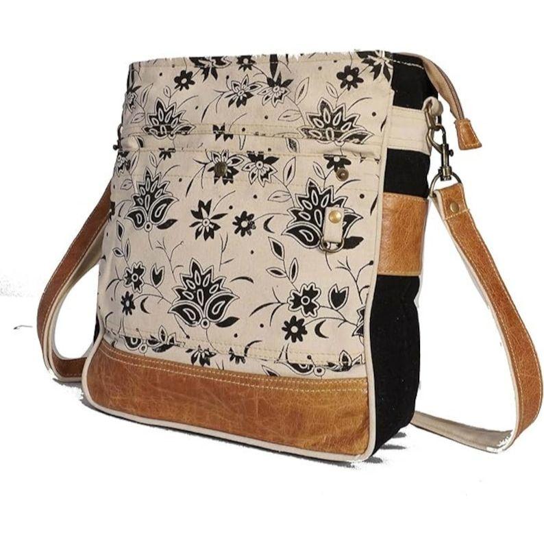 SEL De MER Upcycled Blossom Print Canvas & Leather Shoulder Bag, Canvas Crossbody Bags, and Leather Shoulder Bag, Crossbody Bag for Women.