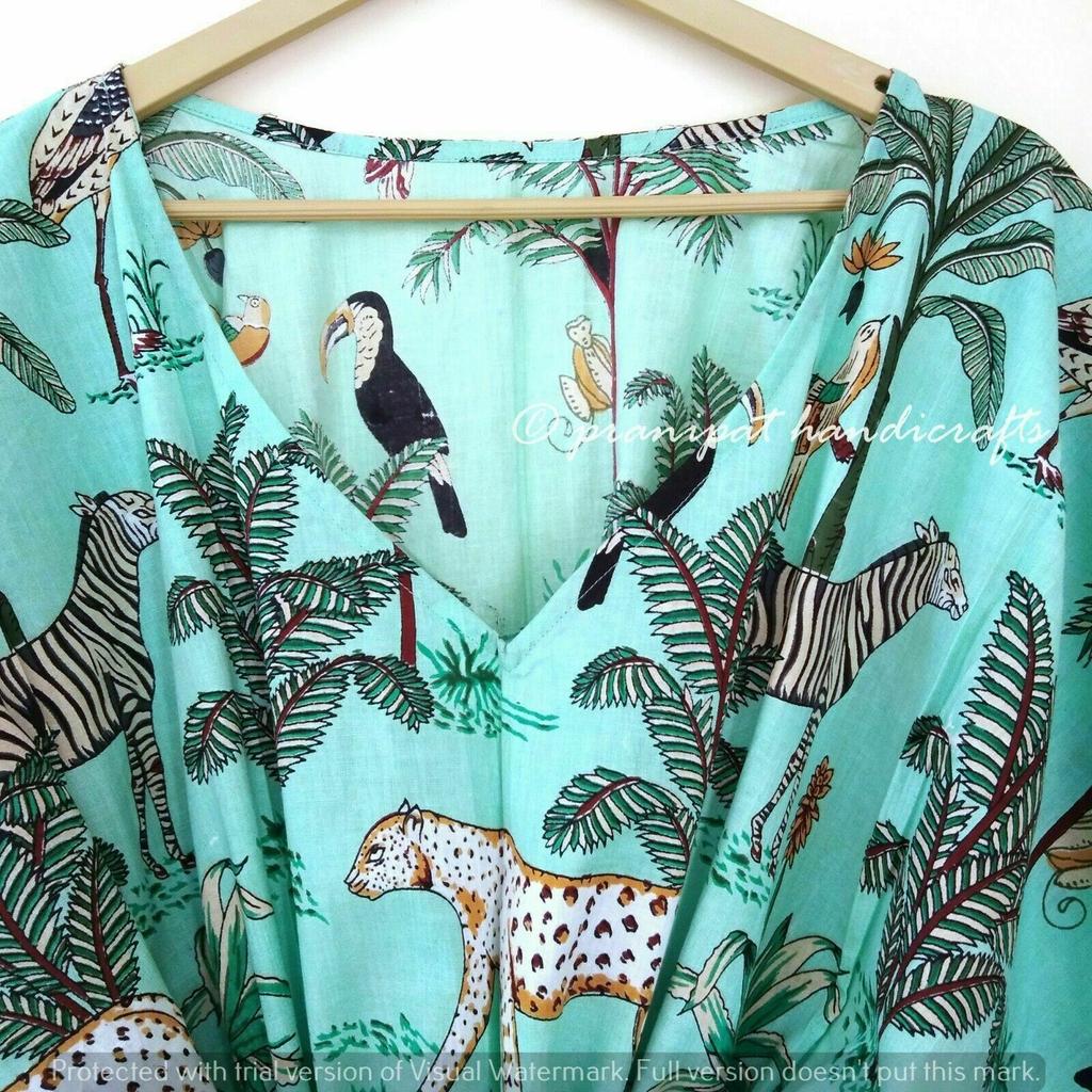Indian Mint Long Animal Print Cotton Hippie Maxi Women Nightwear Caftan Dress CKFTN-SCRN-FULL-BUYIT-028