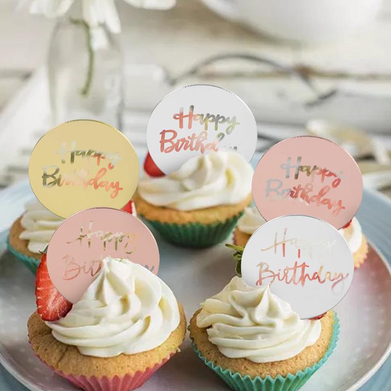 10 Stück Happy Birthday Cupcake Topper Gold Acryl Kreis Dessert Kuchen DIY Dekorationen Einsteckkarte Kinder Partyzubehör