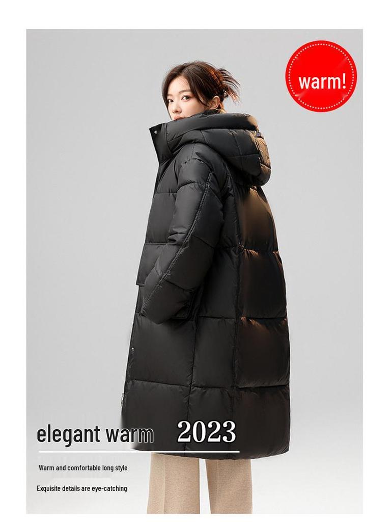 Women's Mid-Length Hooded Down Coat - Korean Style, Plus-Size, Thick Winter Outerwear