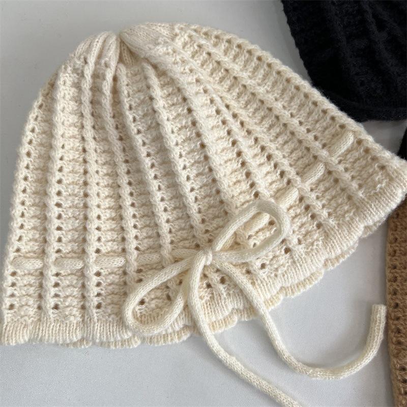 Sweet Bow Drawstring Knitted Hat Children Autumn and Winter Gentle Beige Versatile Wool Hat Bag Head Cold Hat