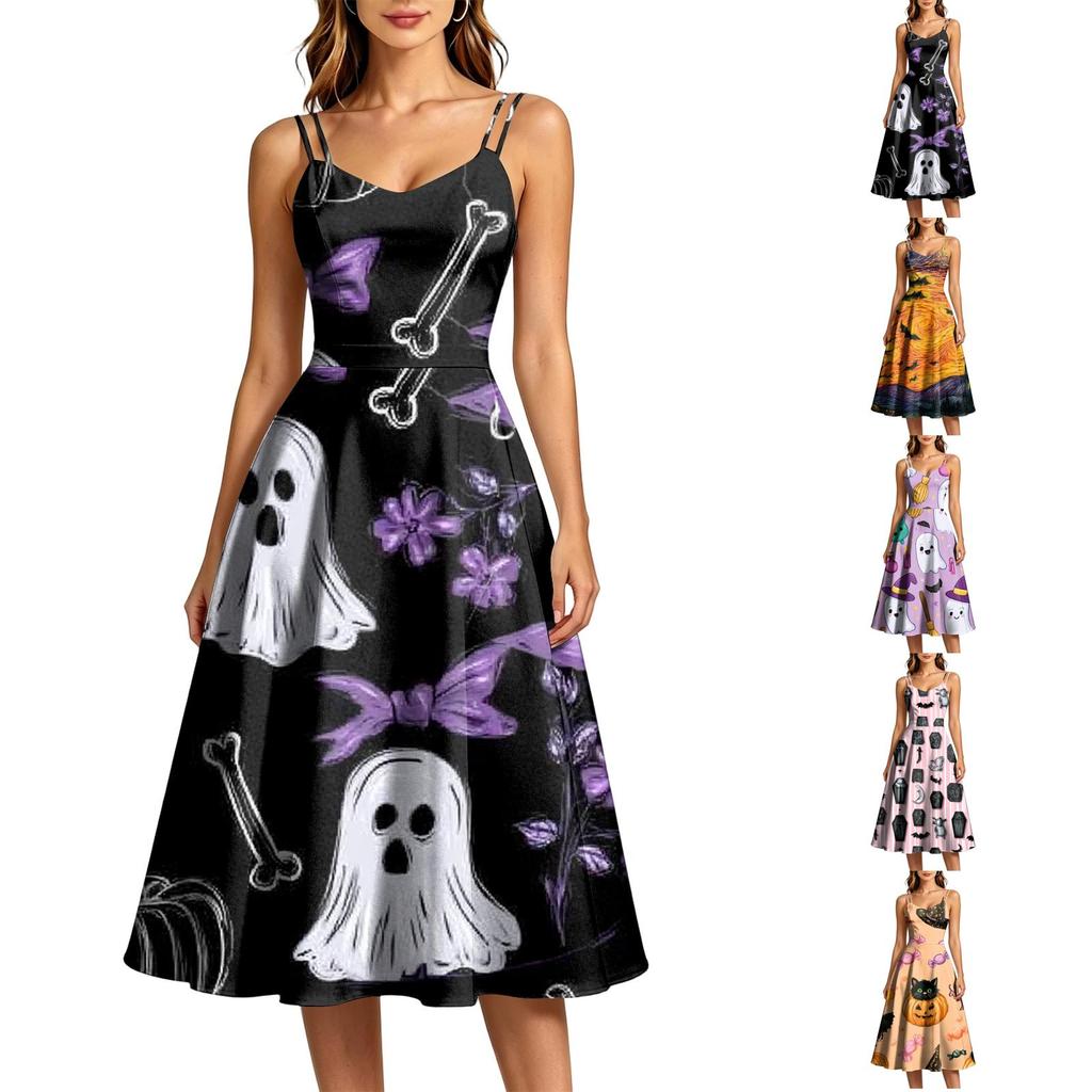 Women's Casual Sleeveless Halloween Print Dress for Holiday Parties and Everyday Wear