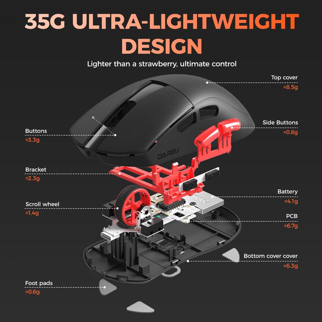 DAREU A950AIRWING Gaming 8K Polling Equipped with an Advanced PAW3950 8000Hz Wireless Mouse, Ultra-Lightweight (35g), Wireless, Rate, 30,000 DPI,