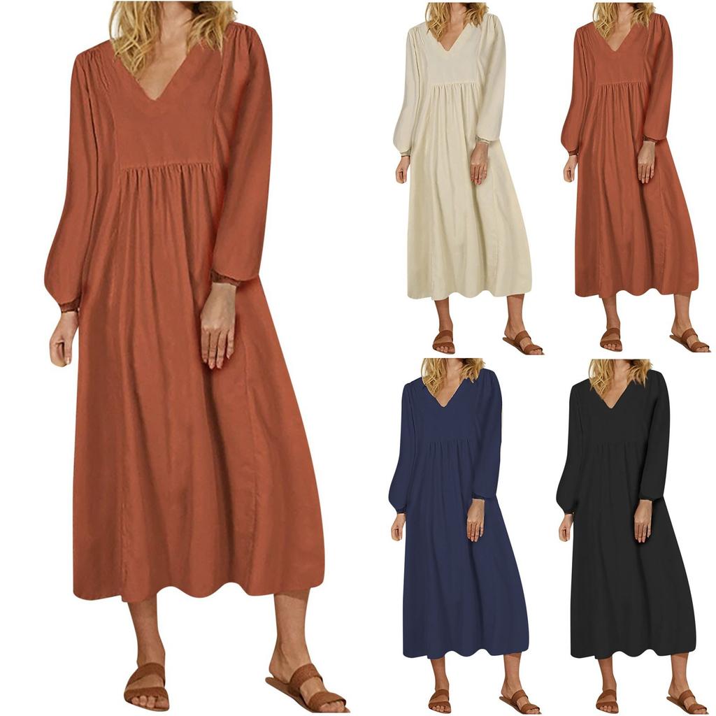 Women's Summer And Fashion V-neck Cotton Linen Loose Sleeves Long Sleeve Dress