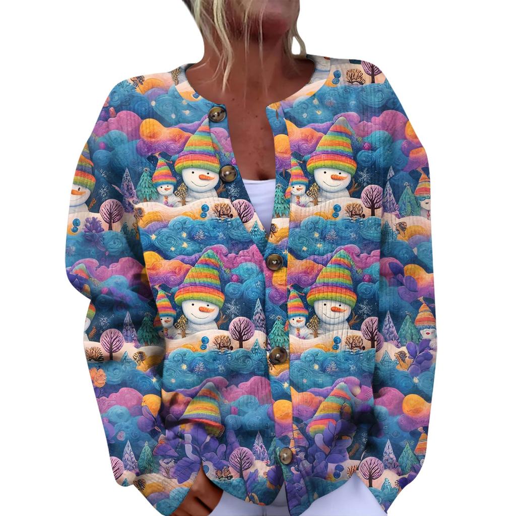 Women's Fashion Christmas Printed Long Sleeve Knitted Cardigan Button Down Jacket